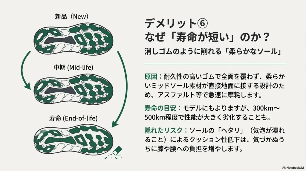 新品、中期、寿命時のアウトソールの状態変化を示す図。ミッドソール素材が直接摩耗していく様子。