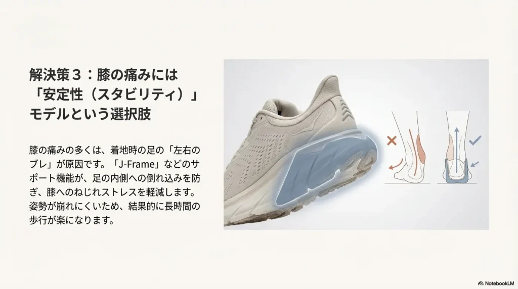 着地時の足の内側への倒れ込みを防ぎ、膝への負担を軽減するサポート機能(J-Frame等)の仕組み図解。