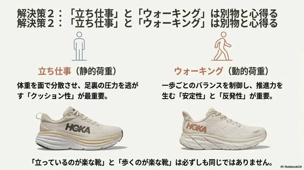 立ち仕事(静的荷重)にはクッション性が重要だが、ウォーキング(動的荷重)には安定性と反発性が重要であることを示す比較図。