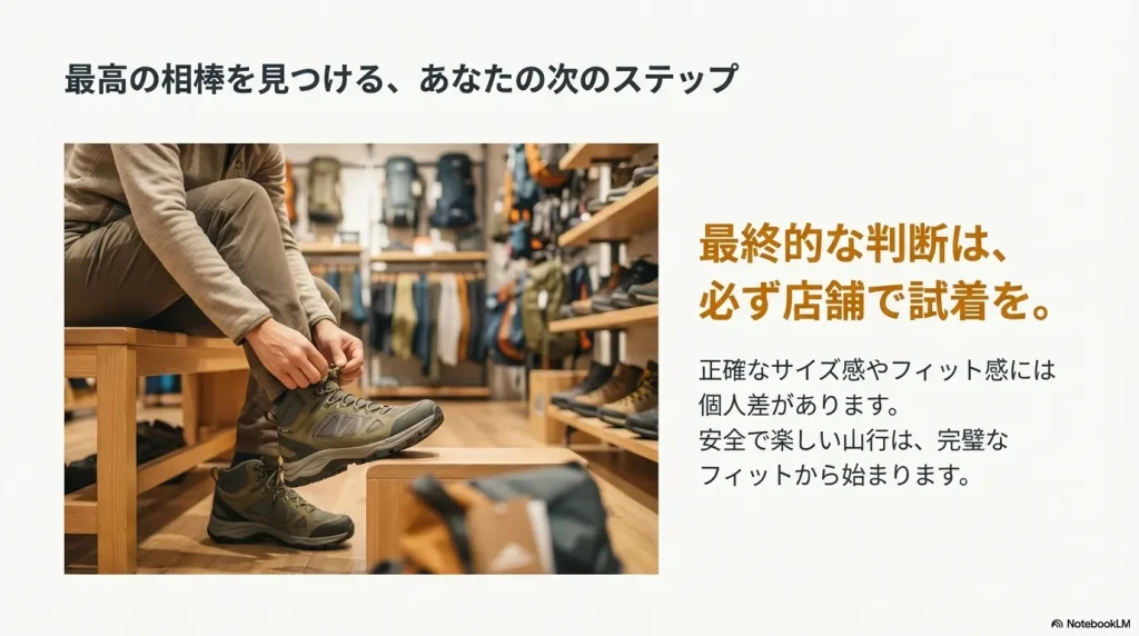 最終的な判断として、個人差があるサイズ感を店舗で確かめることを推奨するメッセージ。