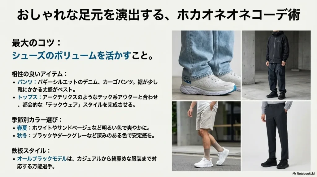 白いホカオネオネとショートパンツ、ソックスを合わせた都会的なテックウェアスタイルのコーディネート画像。