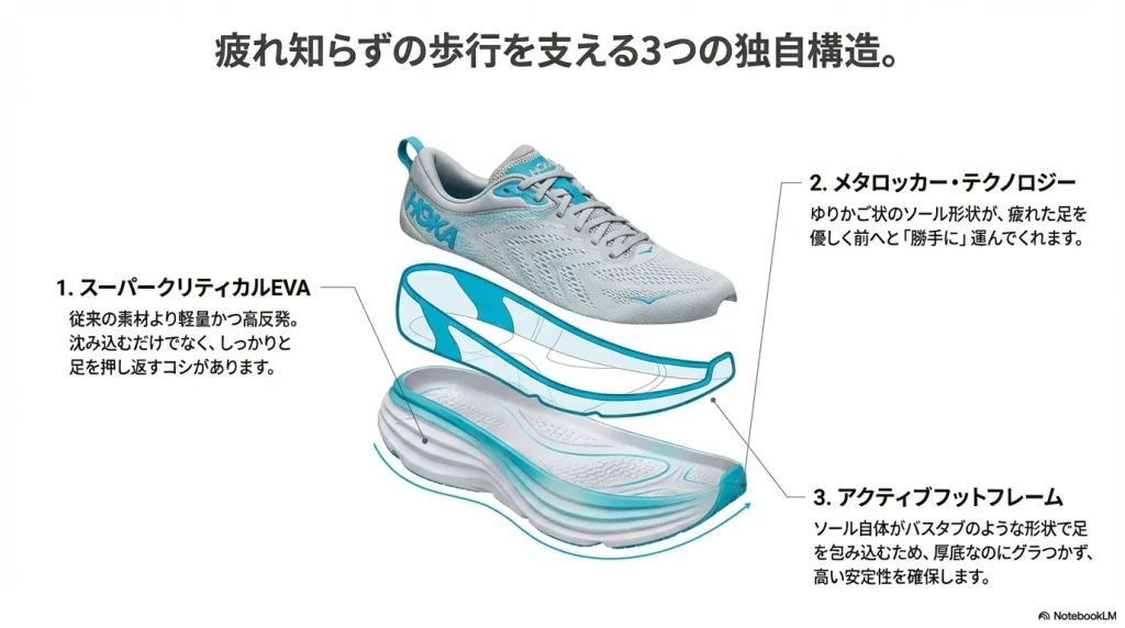 スーパークリティカルEVA、メタロッカー・テクノロジー、アクティブフットフレームの3構造が歩行を支える仕組みを示した図。