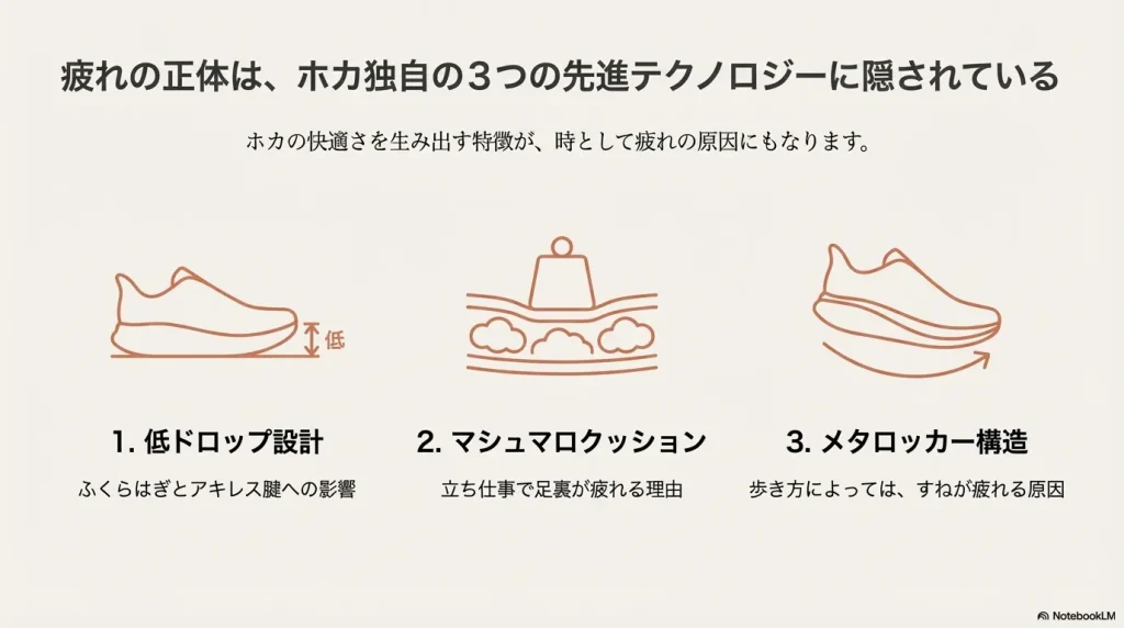 低ドロップ、マシュマロクッション、メタロッカーの3つの特徴が疲れの原因になり得ることを解説する図解スライド。