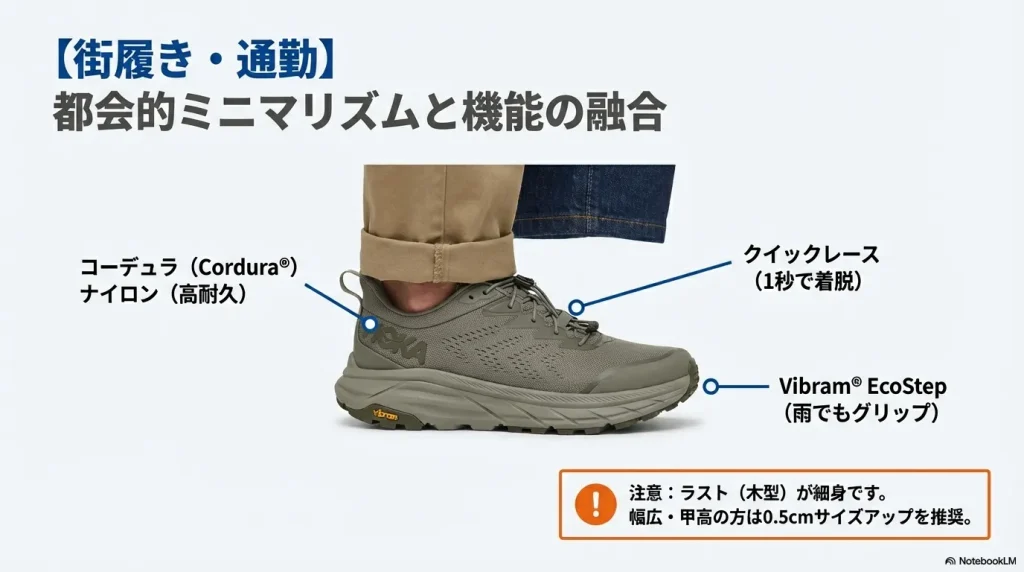 街履き・通勤向けトランスポートの紹介。コーデュラナイロンの耐久性、1秒で着脱できるクイックレース、雨でも滑らないVibram EcoStepソールを解説。