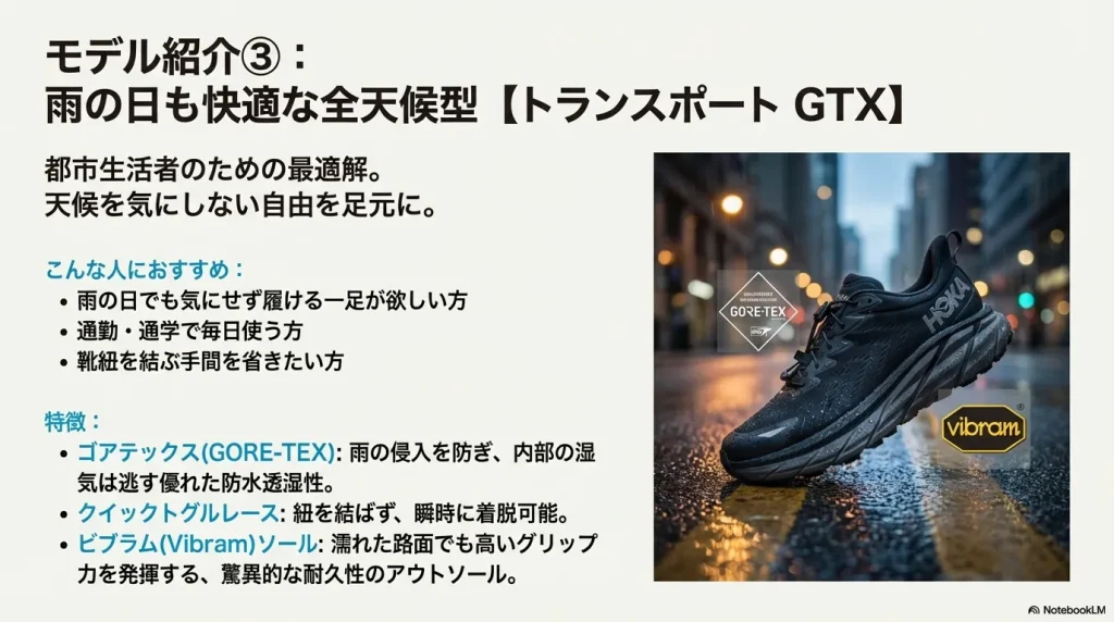 雨の夜の街に映えるトランスポートGTX。ゴアテックス、クイックトグルレース、ビブラムソールの機能を網羅した画像。