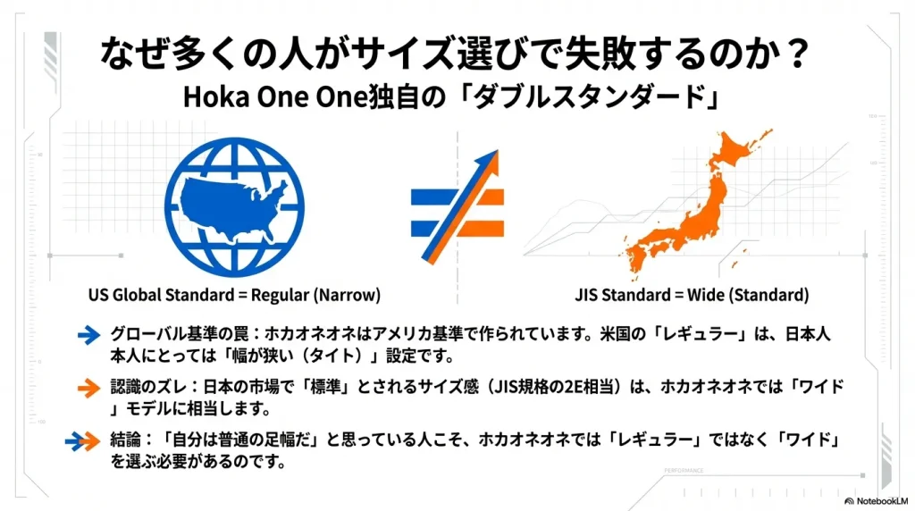 米国のレギュラー（細身）が日本のワイド（標準2E）に相当することを示す、ホカオネオネ独自のサイズ規格の概念図。