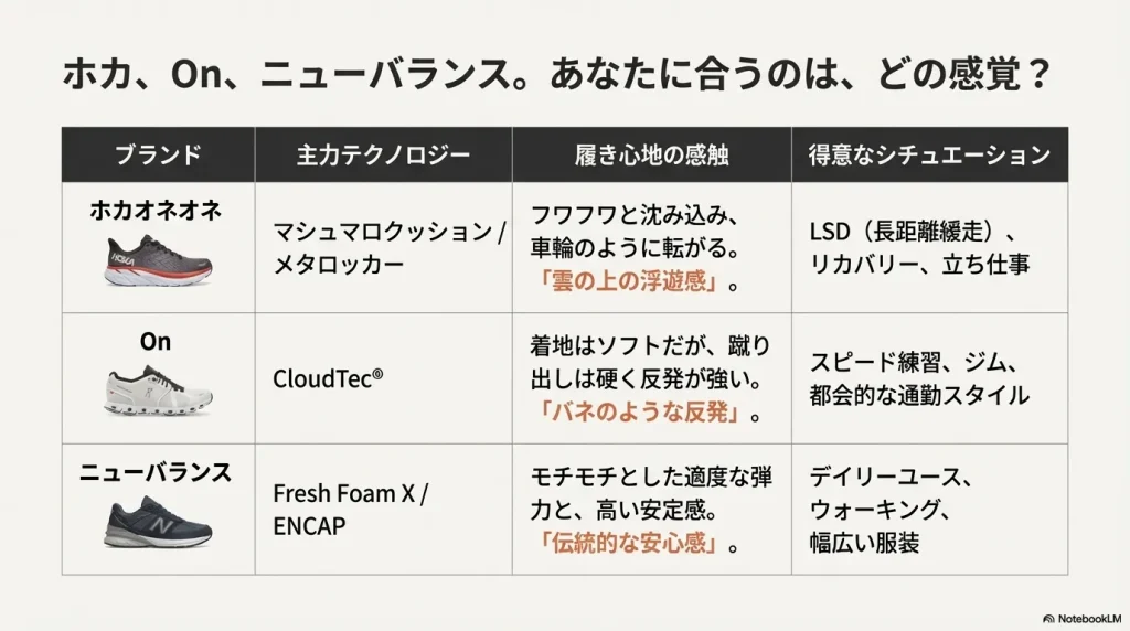 ホカ（雲の上の浮遊感）、On（バネのような反発）、ニューバランス（伝統的な安心感）のテクノロジーと履き心地の違いをまとめた比較表スライド。