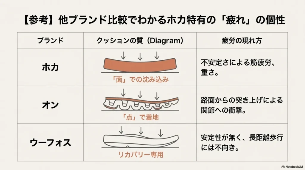 ホカ、On、OOFOSの3ブランドについて、クッションの質と疲労の現れ方の違いをまとめた比較表。