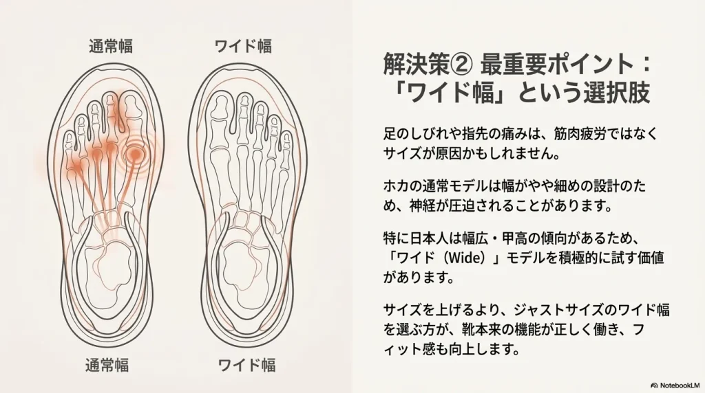 通常幅とワイド幅の骨格の広がりを比較し、神経の圧迫を防ぐためのジャストサイズのワイド幅選択を推奨する図解。