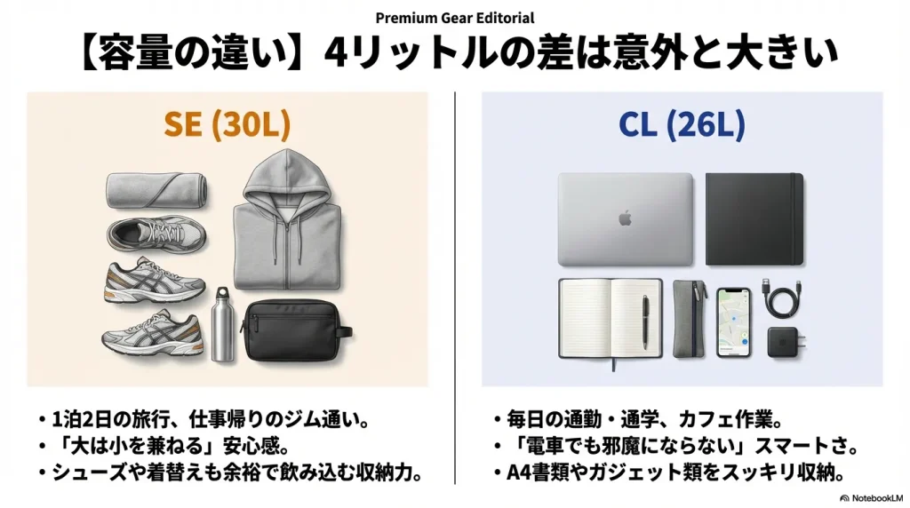 SE(30L)の旅行・ジム用収納と、CL(26L)の通勤・カフェ用収納の持ち物を比較したイラスト