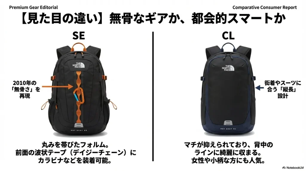 SEの丸みを帯びたデイジーチェーン付きフォルムと、CLのスマートな縦長設計の比較画像