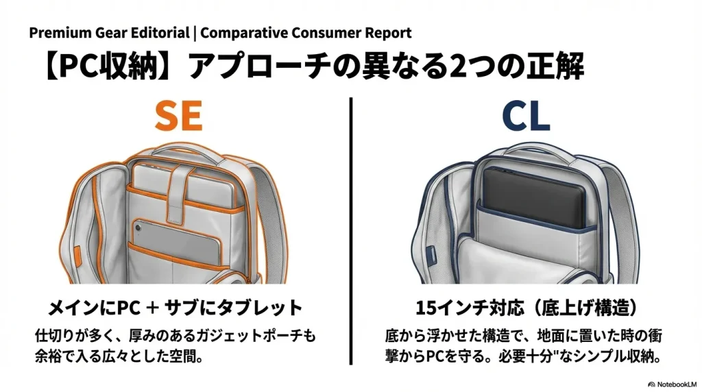SEのPC・タブレット2段収納と、CLの底上げ構造(15インチ対応)の比較図