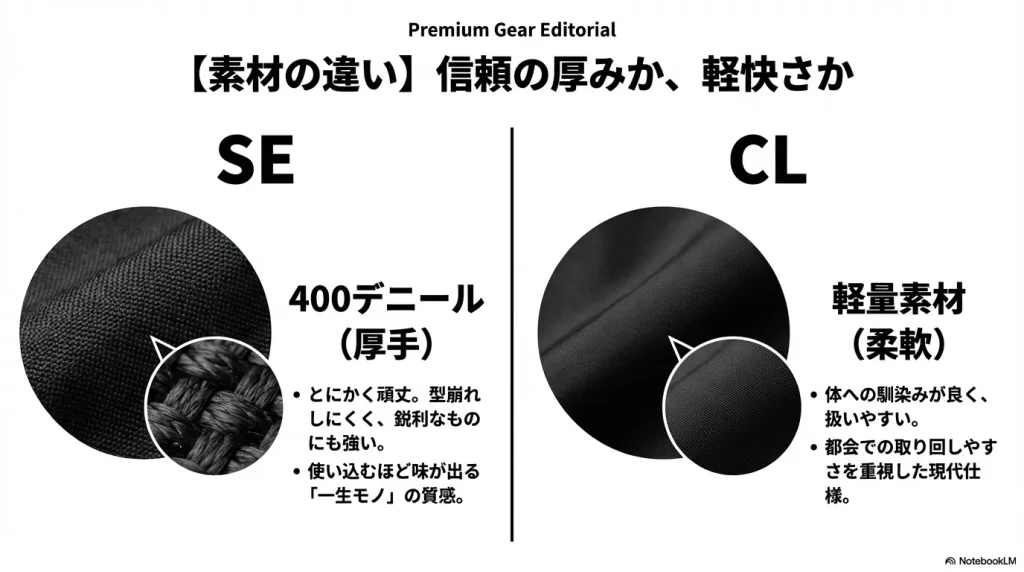 SEの頑丈な400デニールナイロンと、CLの柔軟な軽量素材のメリットを解説するスライド