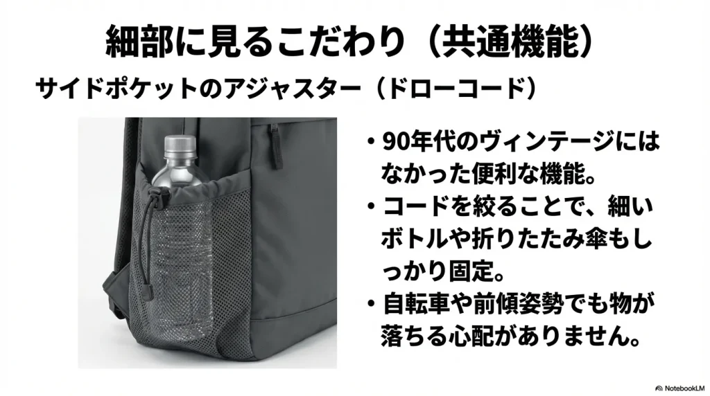 折りたたみ傘やボトルをしっかり固定するサイドポケットのドローコード機能