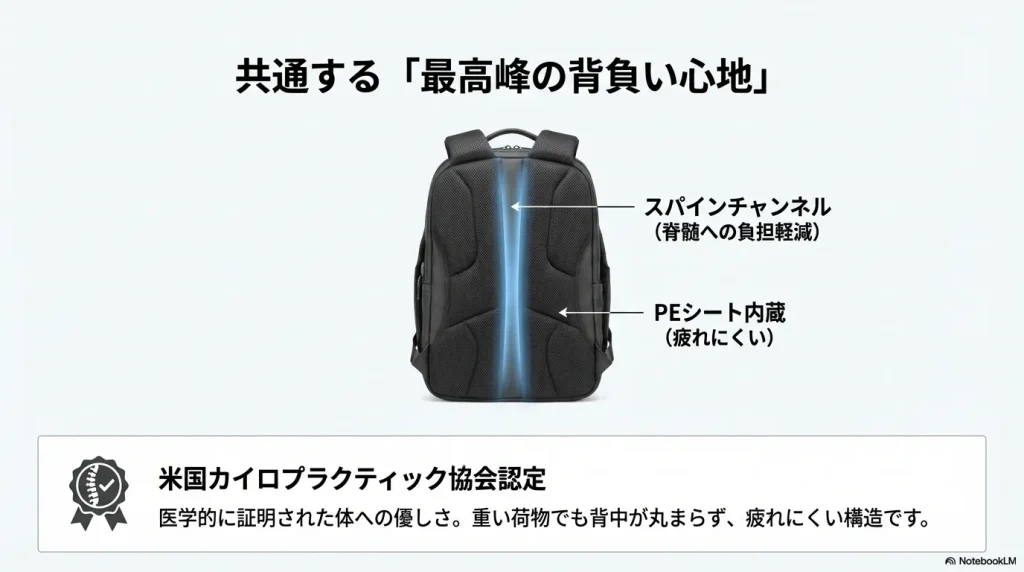 スパインチャンネルとPEシートを内蔵した疲れにくい背面パネルの解説図