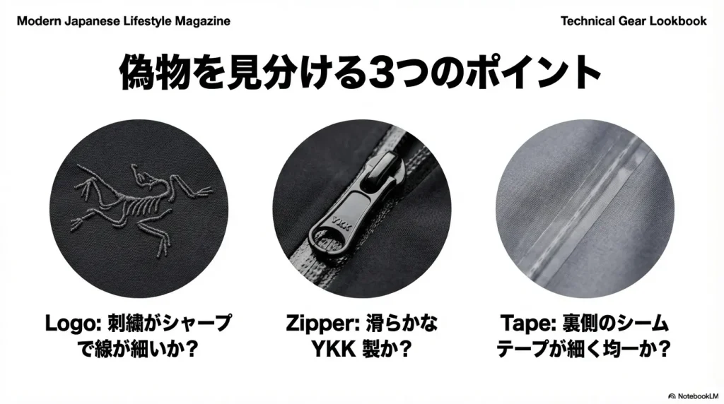 ロゴの刺繍、YKK製ジッパー、裏側のシームテープの細さなど、本物と偽物を見分けるポイントの比較。
