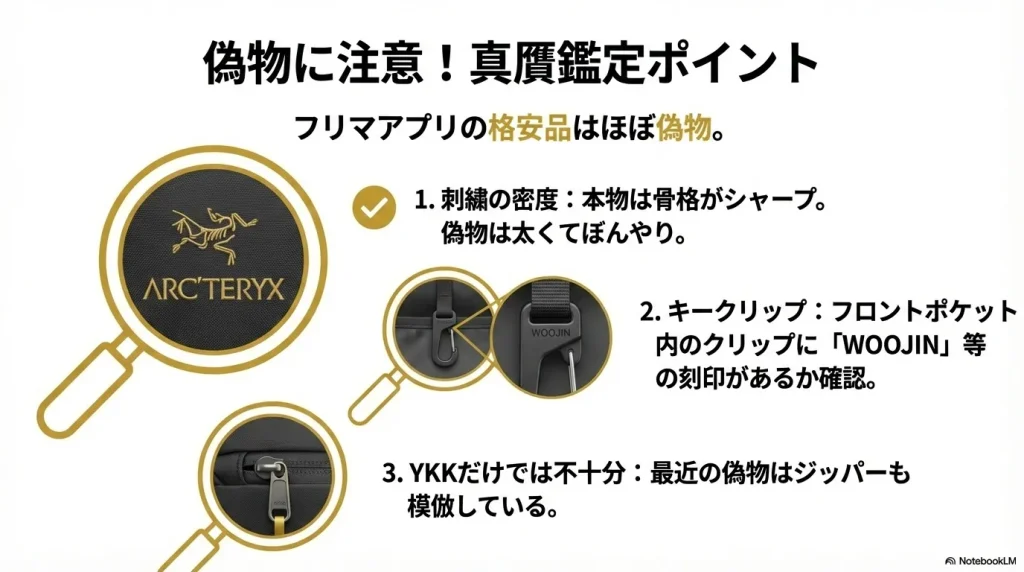 刺繍の密度、キークリップの「WOOJIN」刻印、ジッパーの確認など、本物と偽物を見分ける具体的なチェック箇所。