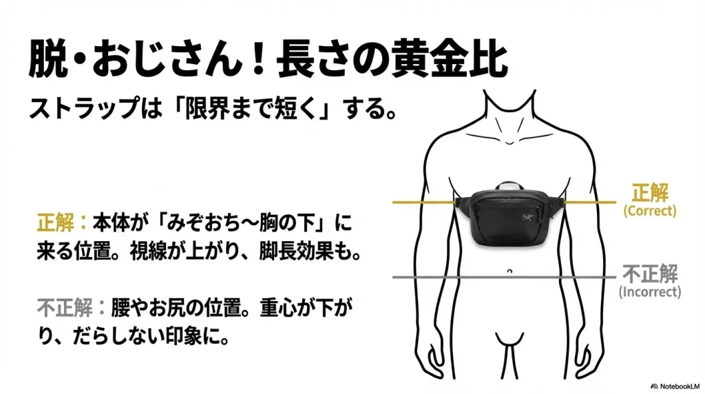マンティス2の正しい着用位置（みぞおち〜胸の下）と、悪い例（腰やお尻）を比較したイラスト。