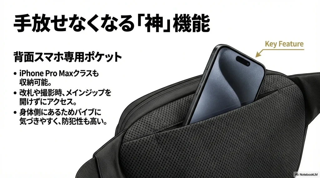 メインジップを開けずにアクセスでき、防犯性も高い背面スマホ専用ポケットの解説。
