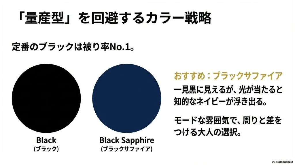 定番のブラックと、光の当たり方でネイビーが浮き出るブラックサファイアの色の違いを説明した図。