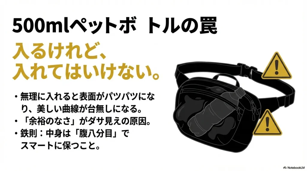 ペットボトルを入れるとシルエットが崩れ、余裕のなさがダサく見えることを警告する「腹八分目」の鉄則スライド。