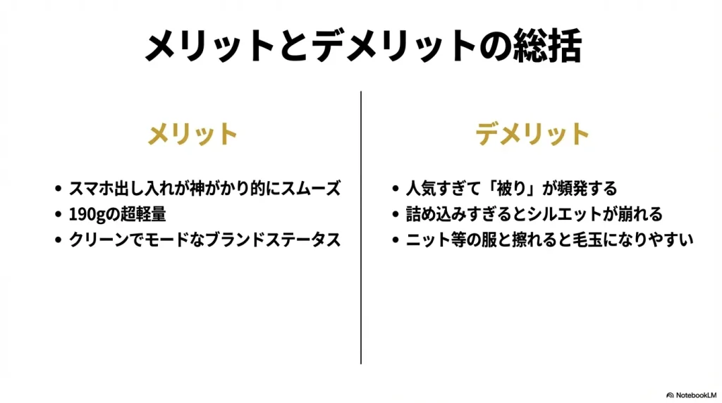 スマホ出し入れの利便性や軽量さ、一方で被りやすさや衣類との擦れなどのデメリットをまとめたリスト。
