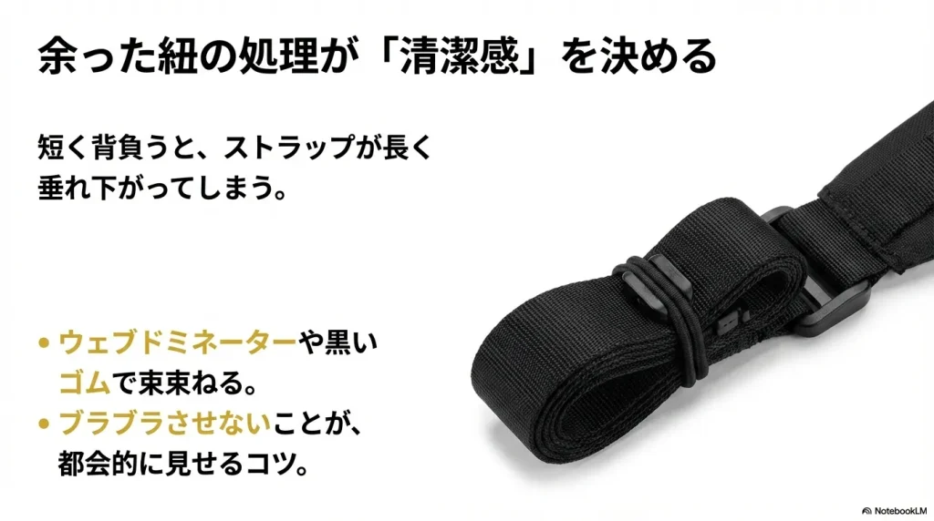 短く背負った際に垂れ下がるストラップを、ゴム等で束ねて都会的に見せるコツの解説。