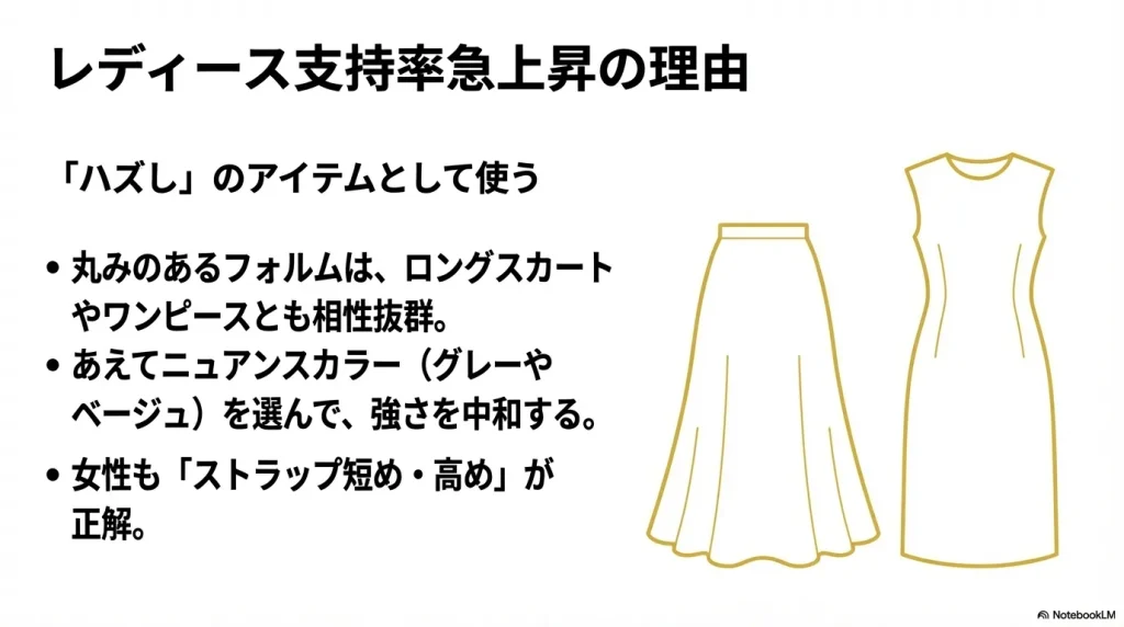 丸みのあるフォルムを活かしたスカートとの相性や、ストラップを短めに高めに配置する正解スタイルの解説。