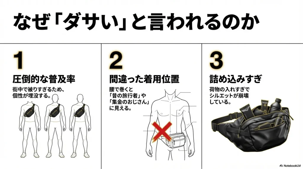 普及率の高さ、間違った着用位置、荷物の詰め込みすぎという、マンティス2がダサいと思われる3大原因を解説したスライド。