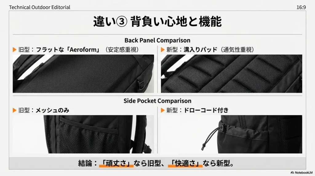 マンティス26の旧型Aeroform背面パッドと新型の溝入りパッド、およびサイドポケットの仕様比較