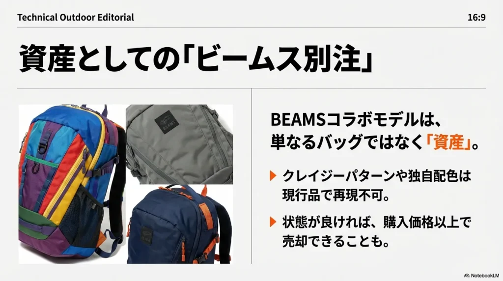 資産価値が高いアークテリクス マンティス26のビームス別注クレイジーパターンモデル