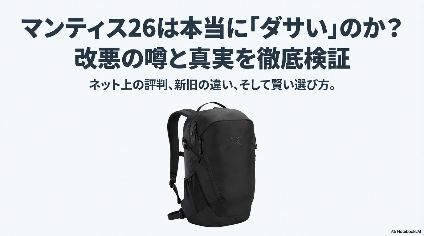 アークテリクスのマンティス26の製品画像と、「マンティス26は本当に『ダサい』のか？」というタイトルのスライド。