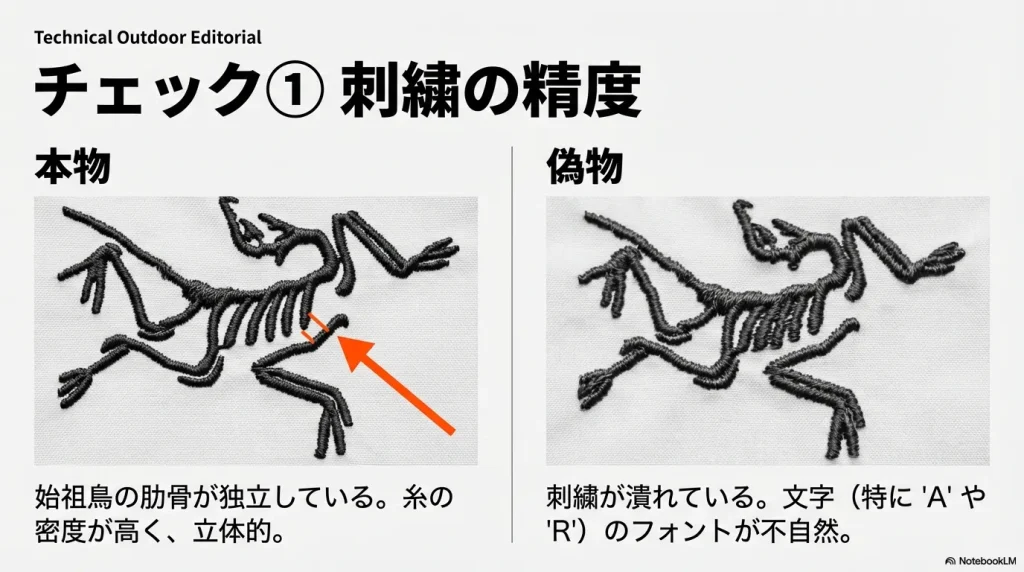 本物と偽物の始祖鳥刺繍の違い。肋骨の独立や糸の密度を確認する方法