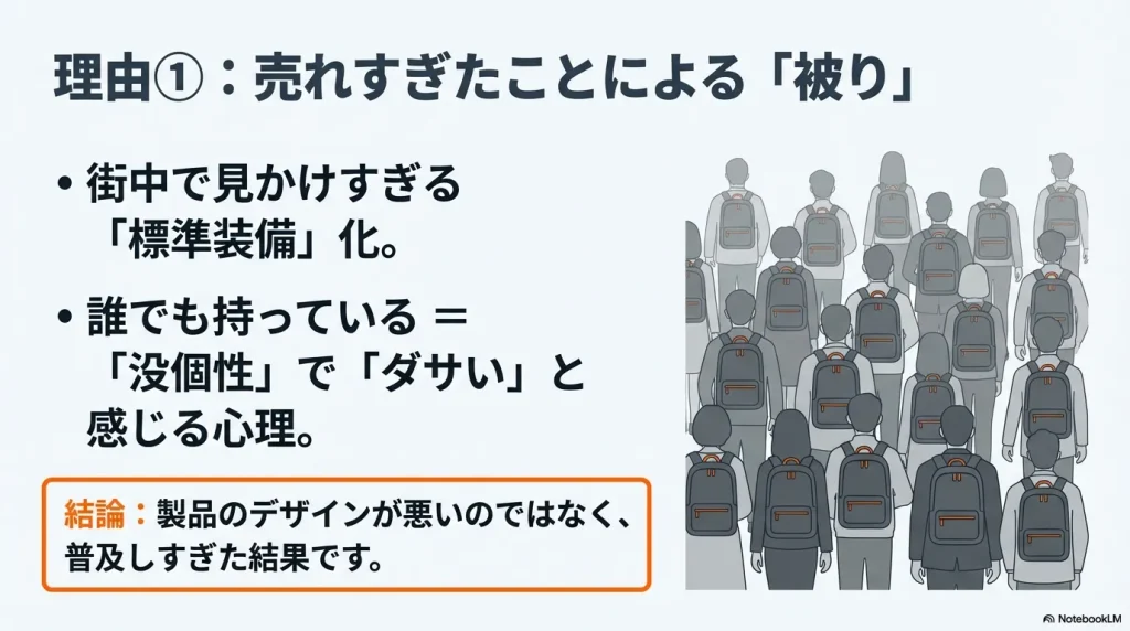 街中で多くの人が同じバックパックを背負っているイラストと、「売れすぎたことによる『被り』がダサいと感じる理由」という解説。