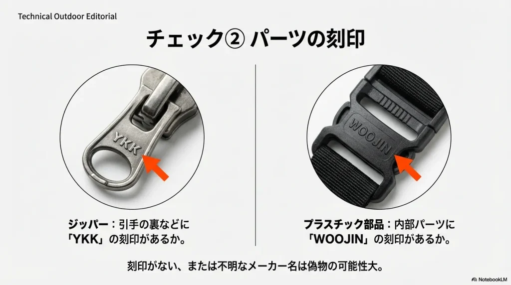 真贋判定の重要ポイントとなるYKKジッパーとWOOJINプラスチックパーツの刻印