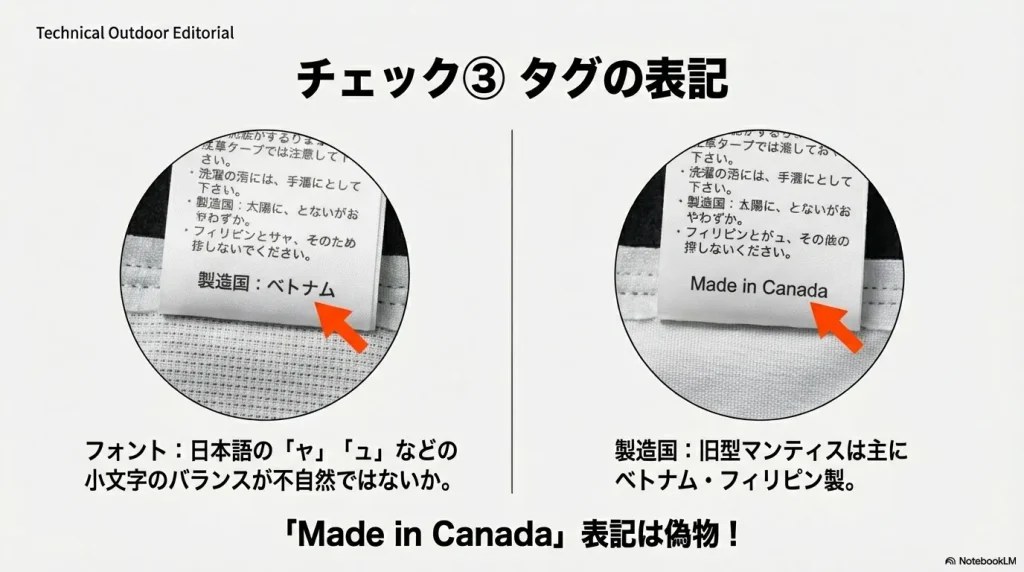 マンティス26の偽物に見られる品質表示タグの不自然な日本語フォントと製造国表記