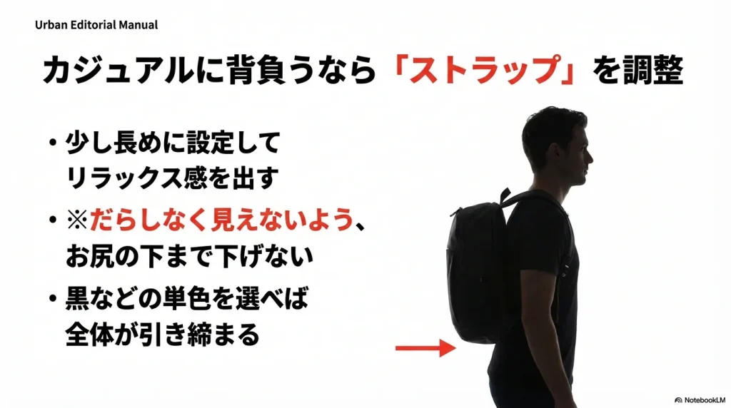 ストラップを少し長めに設定した、カジュアルでリラックスした雰囲気の背負い方