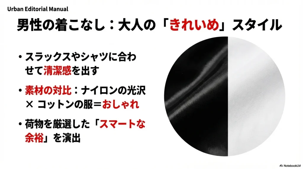 スラックスやシャツに光沢のあるナイロンリュックを合わせた、大人の清潔感あるメンズコーデ