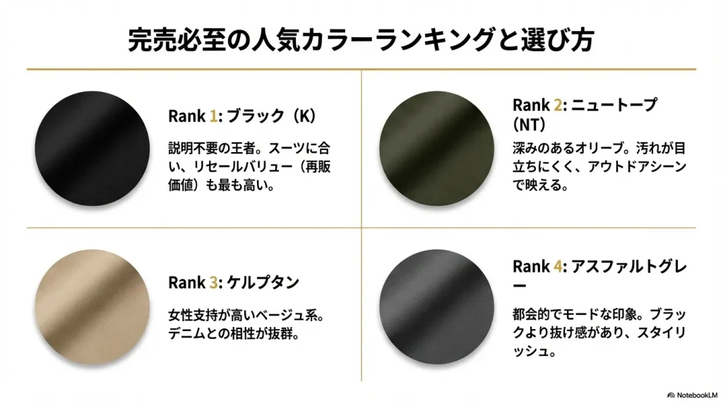 人気カラー1位ブラック、2位ニュートープ、3位ケルプタン、4位アスファルトグレーのランキングスライド