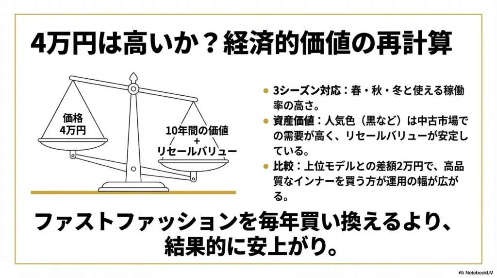 4万円の価格と、10年間の使用価値およびリセールバリューを天秤にかけた経済的価値の図解