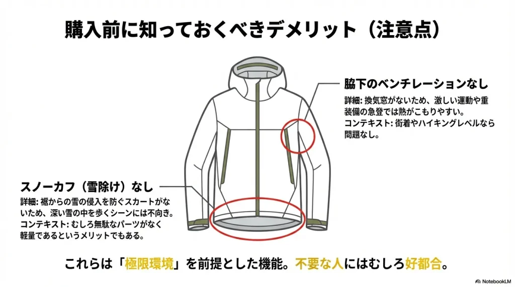 マウンテンライトジャケットのイラスト。脇下のベンチレーションと裾のスノーカフが非搭載であることを赤丸で示している図。