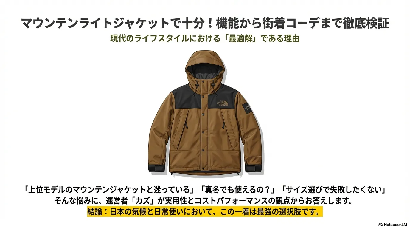 ザ・ノース・フェイスのマウンテンライトジャケットの製品画像と、「現代のライフスタイルにおける最適解」というタイトルの表紙。
