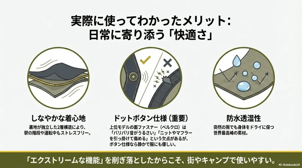 ゴアテックス2層構造のしなやかさ、衣服を傷めないドットボタン、防水透湿性の3つのメリットを説明するアイコン。