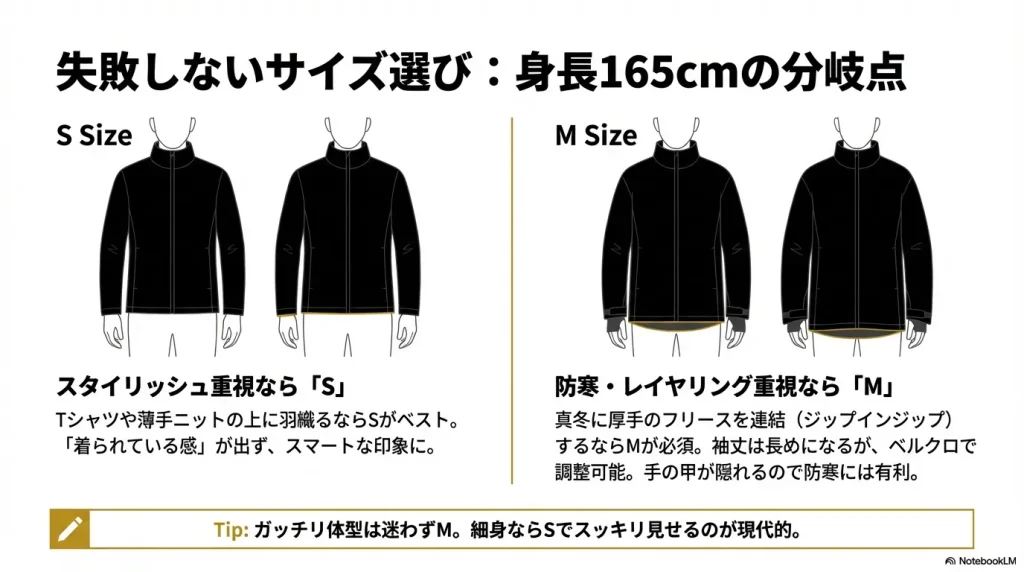 身長165cmの人がSサイズ（スタイリッシュ重視）とMサイズ（レイヤリング重視）を選んだ時の違いの比較図