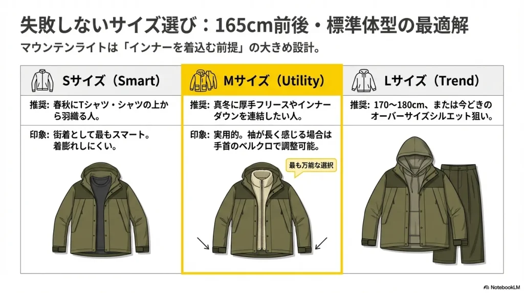 165cm前後の体型を基準に、S（スマート）、M（実用・万能）、L（トレンド）のサイズ感とおすすめの用途を比較した図。