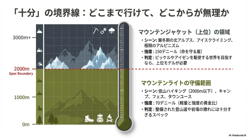 0mから3000m以上の標高グラフ。2000mを境界線として、マウンテンライトが低山、キャンプ、街着に適していることを示す図。