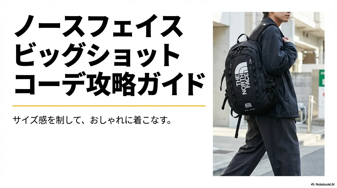 ノースフェイスのビッグショットを背負った男性のバックスタイルと、記事のメインタイトルが表示された表紙スライド