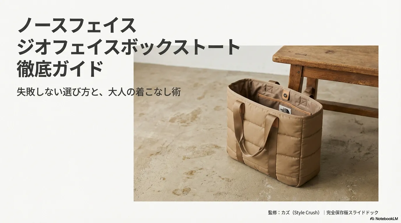 ノースフェイス「ジオフェイスボックストート」の失敗しない選び方と着こなし術を解説するスライドの表紙。