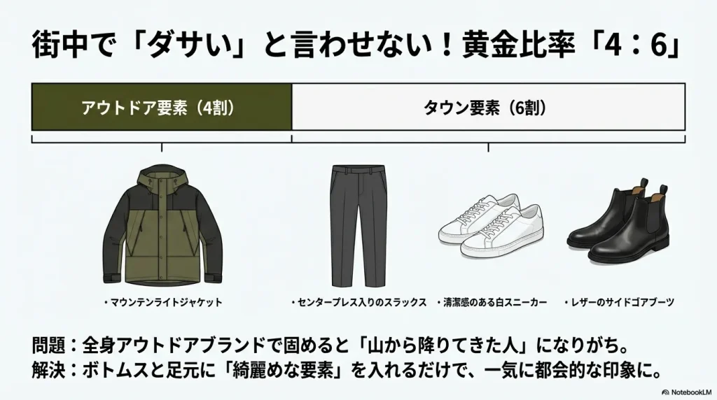 アウトドア要素4割、タウン要素6割の比率でコーディネートを組むことでお洒落に見せる「黄金比率」の解説図。