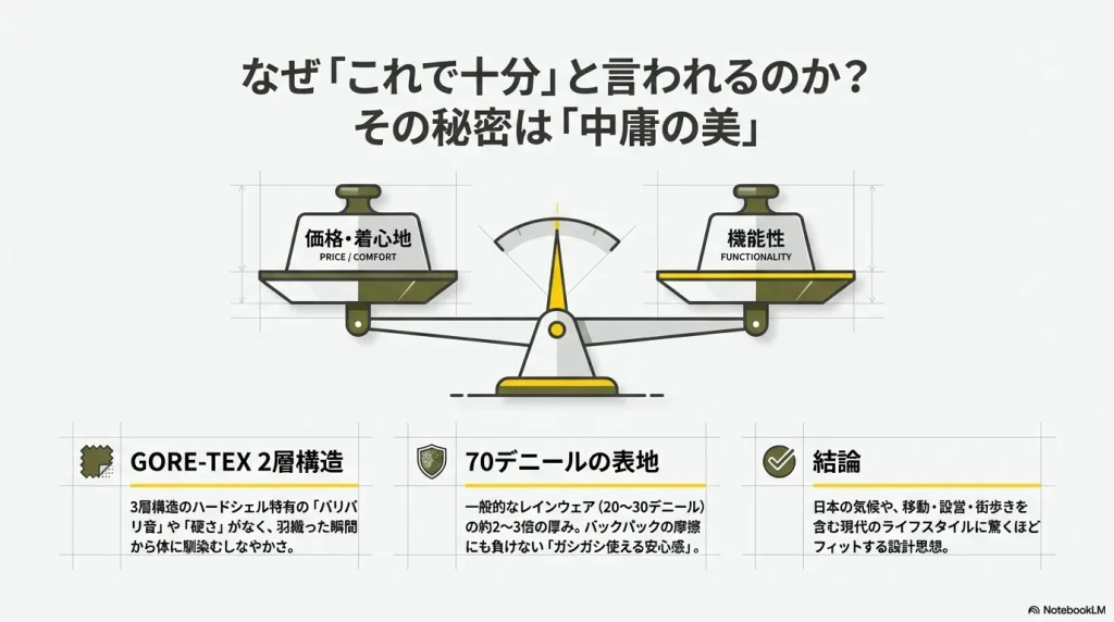 価格・着心地と機能性が天秤にかけられ、バランスが取れていることを示す「中庸の美」の概念図。